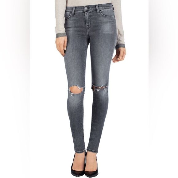 J Brand Gray Nemesis Mid-Rise Distressed Knee Super Skinny Stretch Jeans 27 - Picture 1 of 8